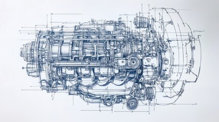 Engine Blueprint Illustrations - Blueprint-style drawing of an engine with labeled parts, capturing the technical artistry of mechanical engineering.