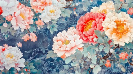 A vibrant floral design featuring large peonies in shades of pink, white, and coral against a deep blue background.