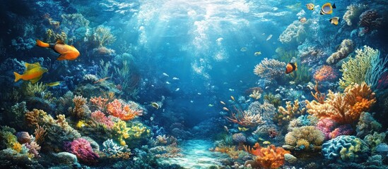 Fototapeta premium Vibrant coral reef with colorful fish swimming in clear blue water with sunbeams breaking through the surface.
