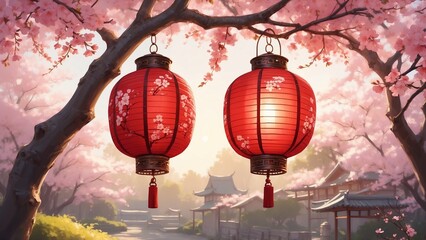 Obraz premium Traditional Red Lanterns Among Blooming Cherry Blossoms with Ancient Temple Background