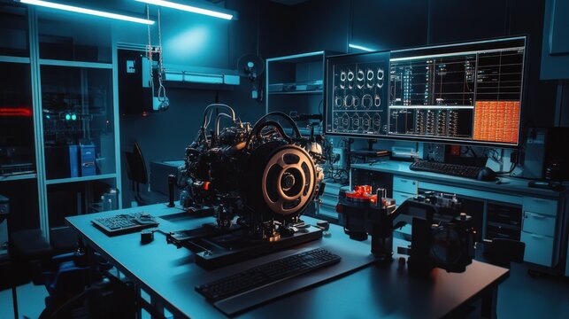 Engine Performance Testing - Image of a test lab with an engine on a performance testing rig, various monitoring equipment around, showcasing automotive research and innovation.