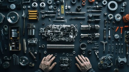 Fototapeta premium Engine Rebuild Process - Hands of a mechanic rebuilding an engine, parts laid out systematically, representing precision and craftsmanship in engine assembly.