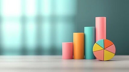 Colorful bar graph and pie chart on wooden table, soft focus background