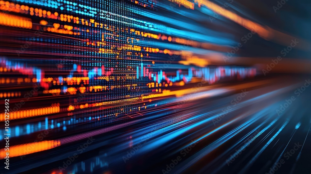 Poster abstract glowing lines depicting digital data flow on a dark background.