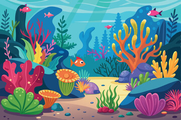 Obraz premium Vector cartoon colorful underwater landscape with sea plants and corals