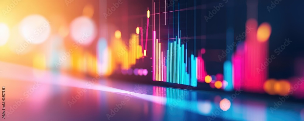 Poster colorful data visualization on a digital screen with vibrant hues and graph lines.