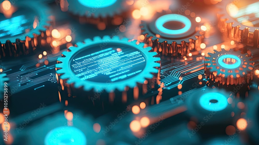 Poster dynamic close-up of interconnected gears, glowing circuits against a dark background.