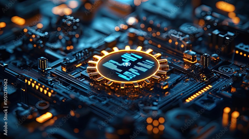 Poster close-up view of a modern circuit board with intricate details and glowing components.