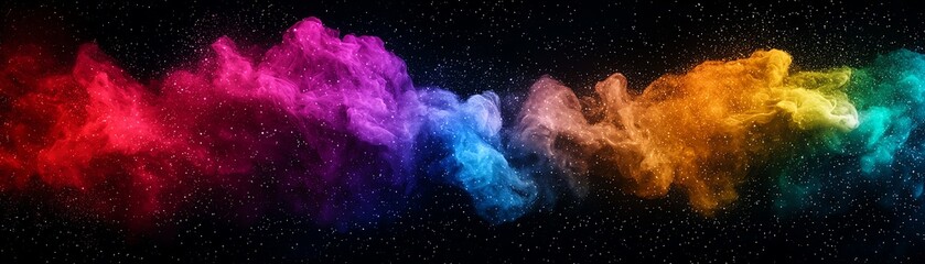 Vibrant cloud of colorful smoke swirling against a dark background, creating a mesmerizing and dynamic visual effect.