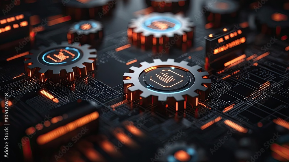 Poster close-up of intricate gears on a circuit board, illuminated with neon lights.