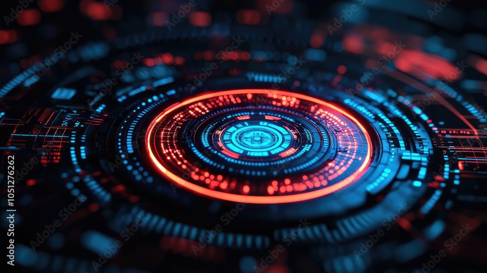 Poster futuristic digital interface with vibrant blue and red circular patterns.