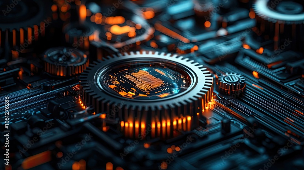 Poster close-up of intricate circuit board details with glowing elements, dark background.