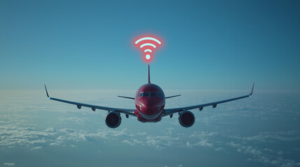 Airplane flying in the sky with a wifi symbol above it..