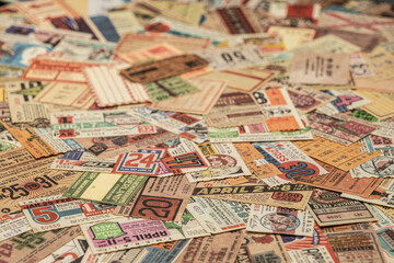 Naklejka premium vintage tickets from around the world, theater, movie, concerts, transport, boarding passes, hotel reception cards and other documents