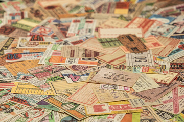 Naklejka premium vintage tickets from around the world, theater, movie, concerts, transport, boarding passes, hotel reception cards and other documents