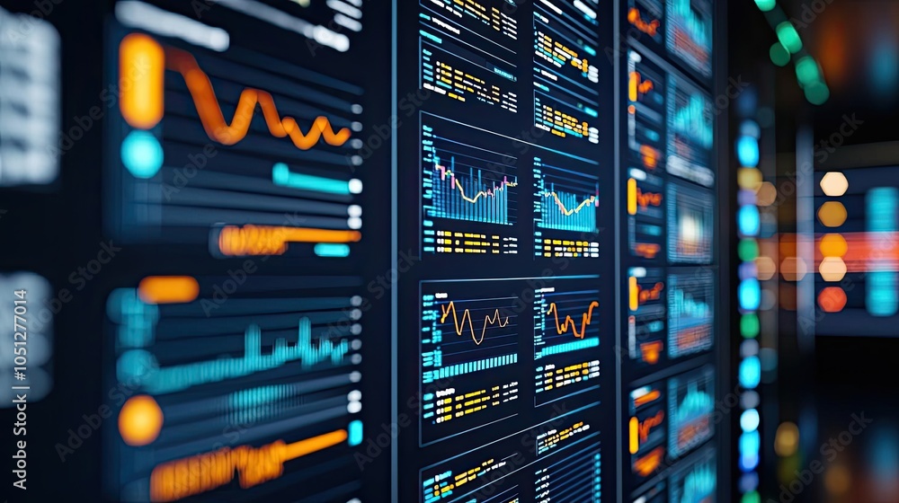 Poster data analysis screen displaying graphs, charts, and statistics, white isolated background.