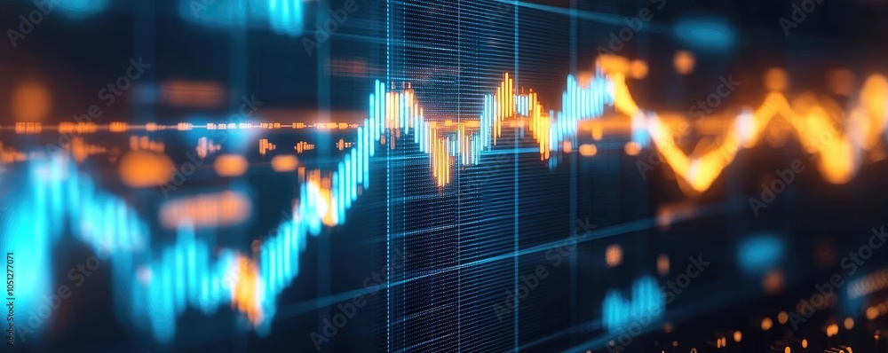 Poster abstract financial chart with glowing lines and numbers on a digital background.