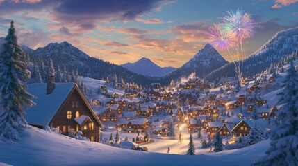 Fototapeta premium Scenic Snowy Village with Colorful Reflections at Dusk