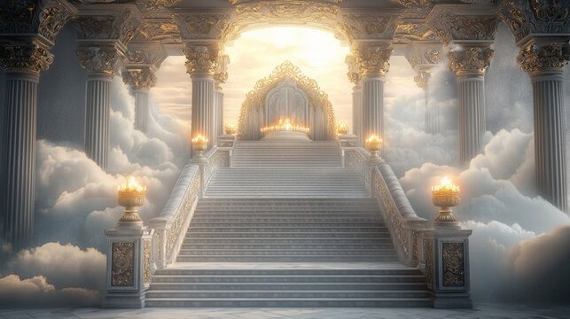 Golden throne room with marble steps and columns above clouds..