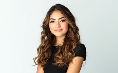 Fototapeta premium A beautiful woman with long, curly hair poses in front of the camera for a professional portrait photograph on a white background