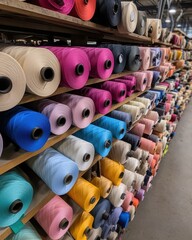 Colorful Spools of Thread Displayed in a Workshop
