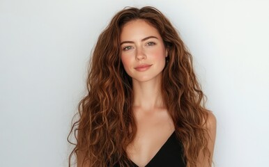 Fototapeta premium A beautiful woman with long, curly hair poses in front of the camera for a professional portrait photograph on a white background