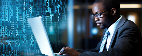 Young professional working on a laptop in a modern office with digital data overlay