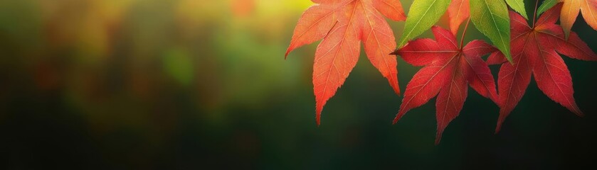 Close-up of red and yellow Japanese maple leaves, with sunlight filtering through creating a soft, warm glow, Maple leaves in sunlight, Autumn beauty