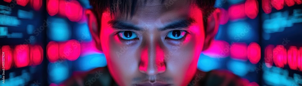 Poster cybersecurity expert defending a network with glowing firewalls, symbolizing protection cyber warfar