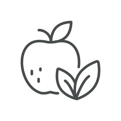 Eco-Certified Apple Icon. Simple Line Illustration of an Apple with Leaves, Representing Organic Certification and Sustainable Farming Practices.