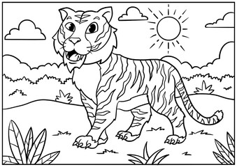 Tiger coloring page for children. Black and white vector illustration for coloring book