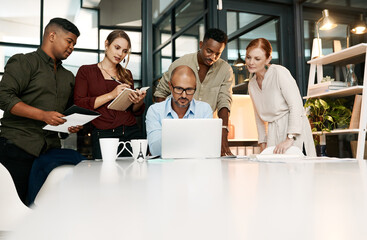 Business, people and mentor with laptop in office for help with system software, corporate training...