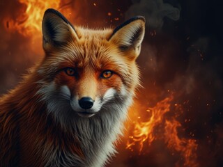 Obraz premium Aggressive mystical angry wolf on a dark background with smoke and fire,scary fox in the night in fire,A wolf with glowing eyes surrounded by flames.