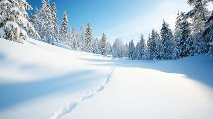 Snow covered trees and a path through a snowy forest.