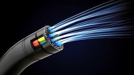 Detailed view of fiber optic cables with light pulses traveling through, depicting advanced digital communication technology