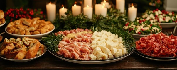 A festive holiday feast, large table adorned with seasonal delicacies and candlelit centerpieces holiday party, gathering, feast