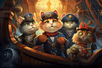 Cartoonish Scenes of Captain Paws, a Cat Captain, and His Animal Sailor Crew on a Fantastical Journey Aboard a Flying Ship – Generative AI