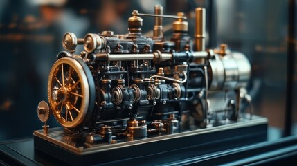 Fototapeta premium Mini Engine Model - Miniature engine on display, detailed components, capturing hobbyist craftsmanship and small-scale engineering.