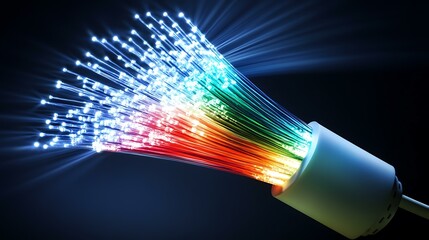 A bundle of illuminated fiber optic strands with multicolored lights flowing, representing data transfer across digital networks