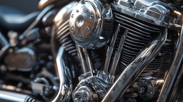 Motorcycle Engine - Close-up of a robust motorcycle engine, with polished metallic parts and an industrial vibe, highlighting the craftsmanship and compact design in a minimalistic setting.