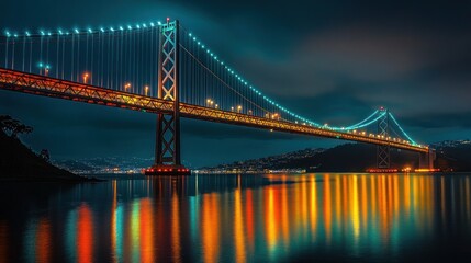 Fototapeta premium Night View Bridge - Bridge lit with vibrant lights against a dark sky, capturing the beauty of night scenes and the bridges illumination.