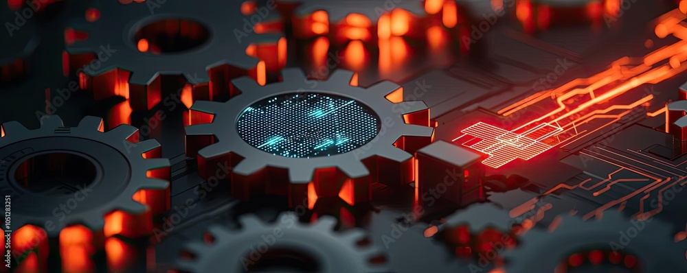 Poster close-up of gears with glowing circuitry elements on a dark background.