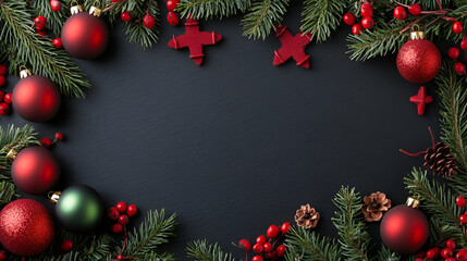 Christmas background with red and green decorations on a black slate, flat lay with copy space for text or design Christmas border decoration Black background Flat lay with copy space 