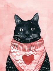 Black cat with heart-patterned sweater