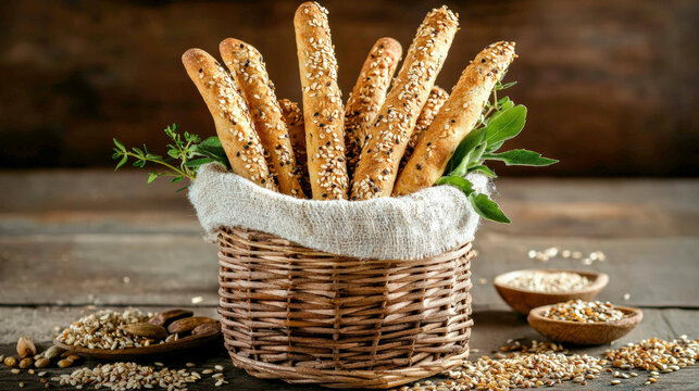 A wicker basket filled with golden, sesame-coated breadsticks, garnished with greens, showcasing a rustic, appetizing presentation.