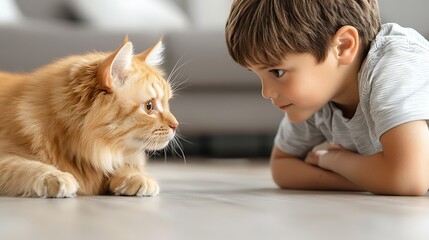 A domestic cat and dog engaging in a playful but intense standoff in a cozy living room with natural lighting, their expressions filled with curiosity and competition, both animals slightly 