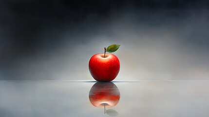 A reflective surface shows an apple with an eye faintly visible in the background; highly detailed and ultra-realistic elements represent endearment, 