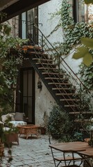 Cozy Outdoor Patio with Staircase Surrounded by Greenery