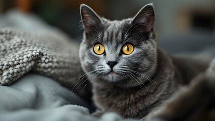 Fluffy serious black cat with yellow eyes domestic adorable whiskers comfortable kitty