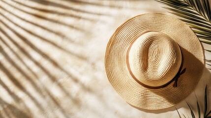 Flatlay of straw summer hat with palm leaf shadows on beige textured background for printable product mockups with earthy organic vibes
